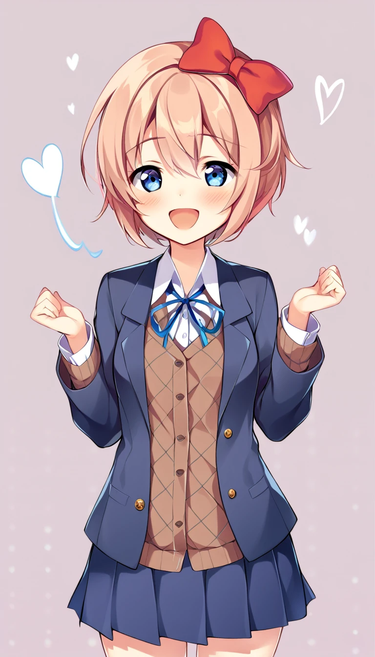 one girl, lovely, boyish, blazer, hair bow, Sayori, my childhood friend, cute, short hair, blush, light blue eyes, cheerful girl, love me, careless girl, laugh cutely, my best friend, stroked her hair