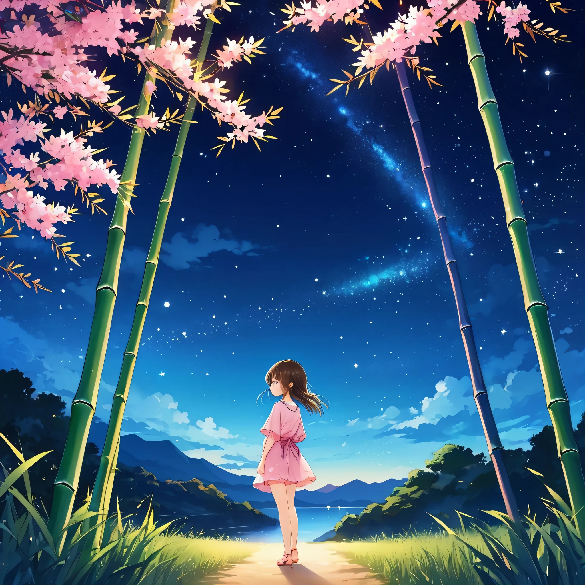 Momoko Sakura style, Simple Line Initialism，Abstract art，Kawaii Design, The most beautiful girl of all time、chibi, Summer night sky background , Bamboo, Tanabata Festival