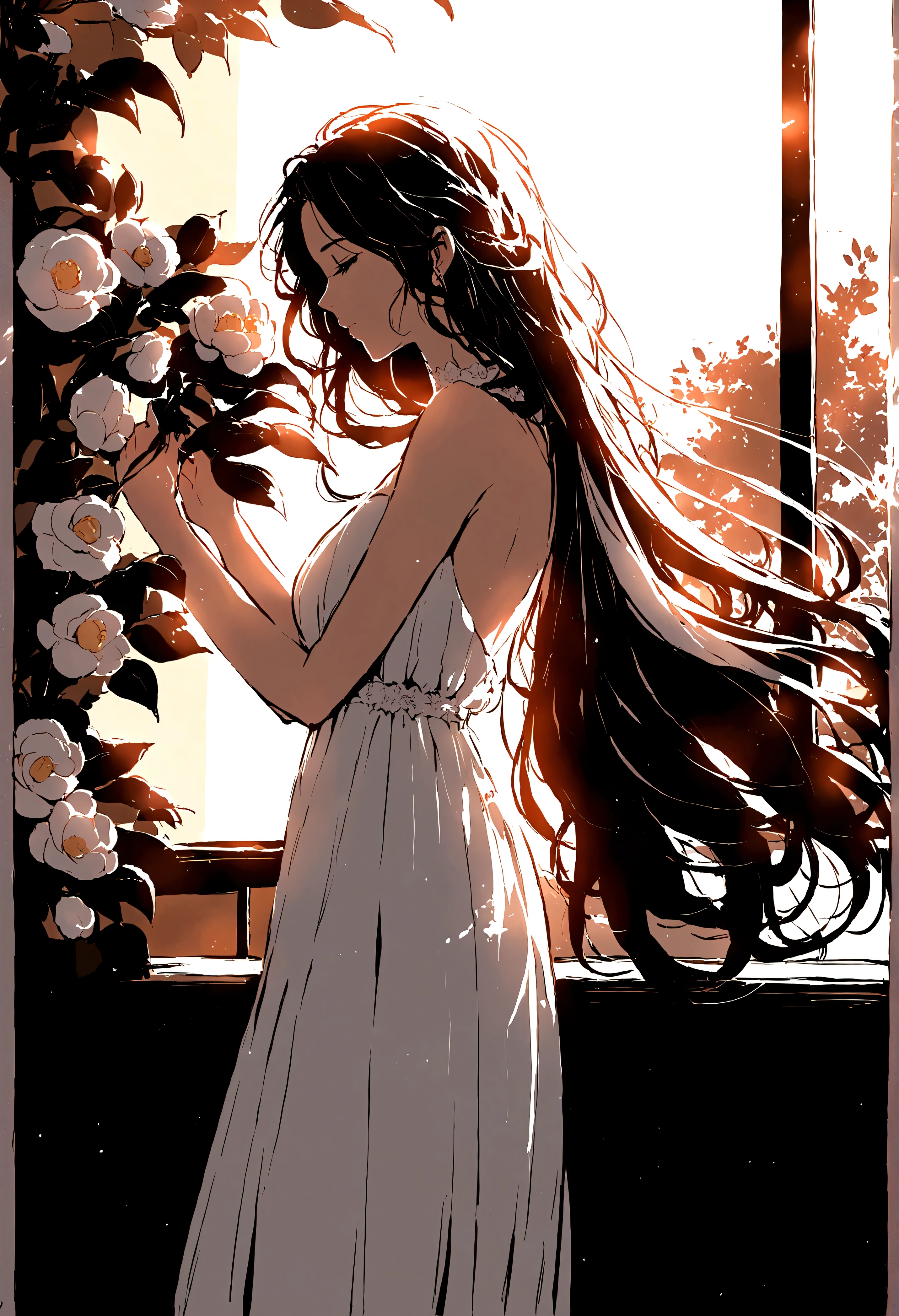 night，Street Lights，((White Camellia))，windowsill，Illustration style，Beautiful women，evening dress，A gentle breeze blows through the strands of hair,Tree Shadows