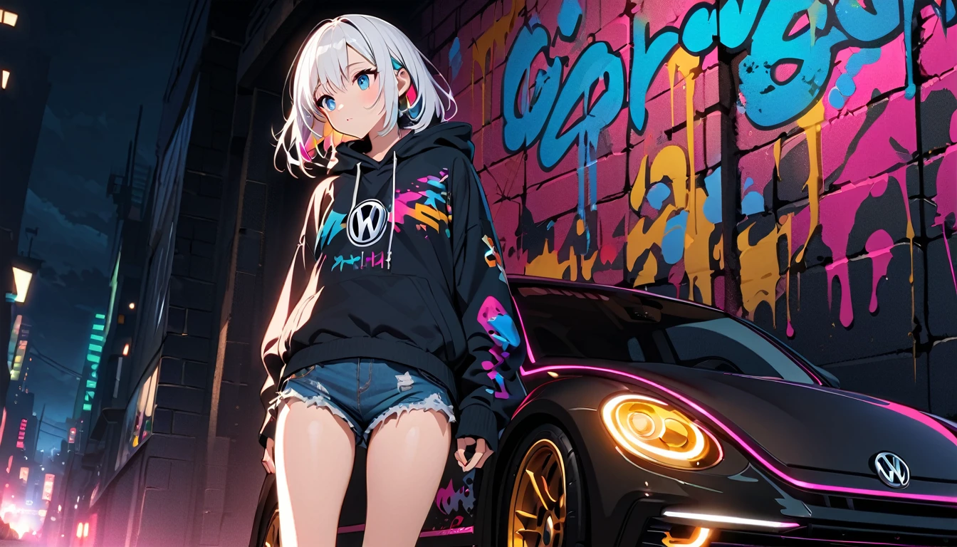 HD 8K Handsome cute, Solitary, 1 female, Medium Length Hair, white hair, Rainbow hair, blue Eyes, looking away, Rainbow headphone, hoodie, colored hoodie, black Trucker Hat, hip-hop style big hooded jacket, denim shorts, Human focus, Leaning against a HD 8K Volkswagen red anime car, HD 8K outdoor, White clouds in the night, graffiti famous spray art wall,