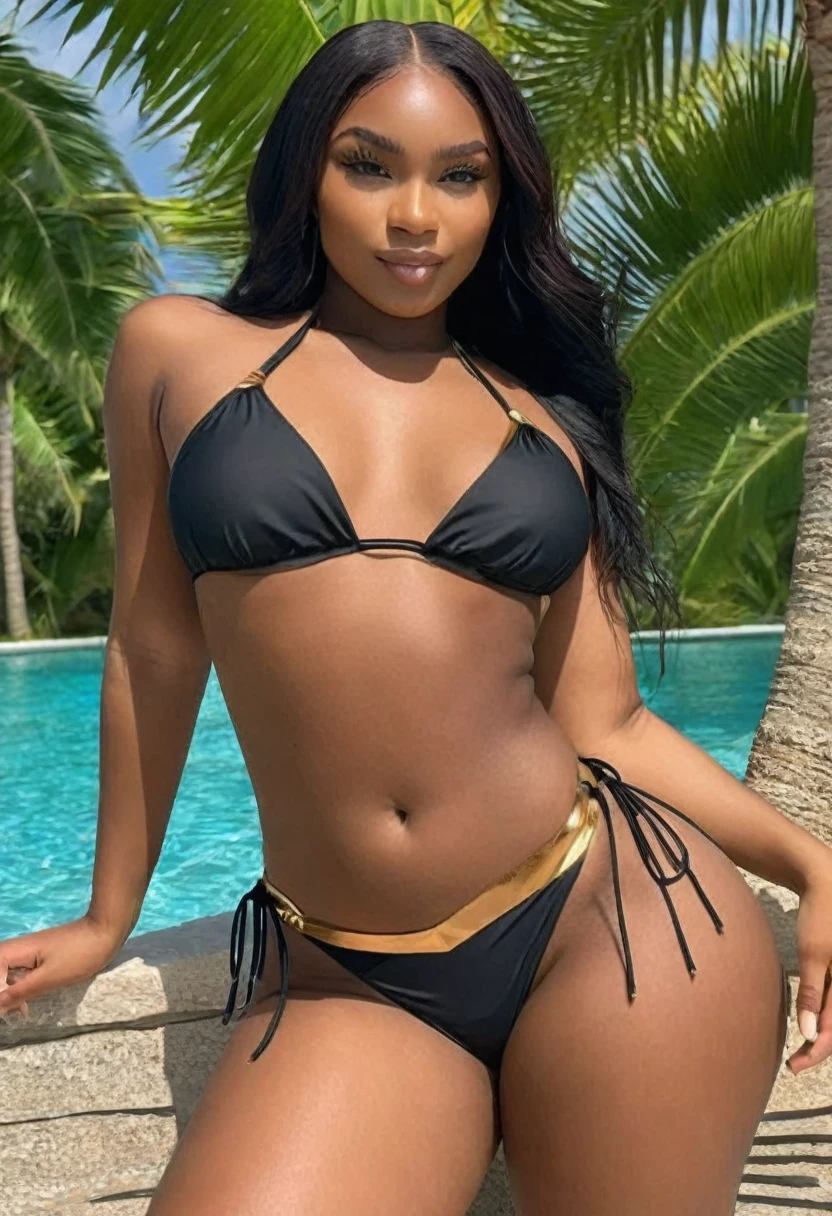((high quality:1.2)), work of art, (8k), extremely detailed, ((High detail:1.2)), ((best resolution:1.4)), (HotLexi woman), Solo, 1girl, 24 years old Angolan female, (bikini),