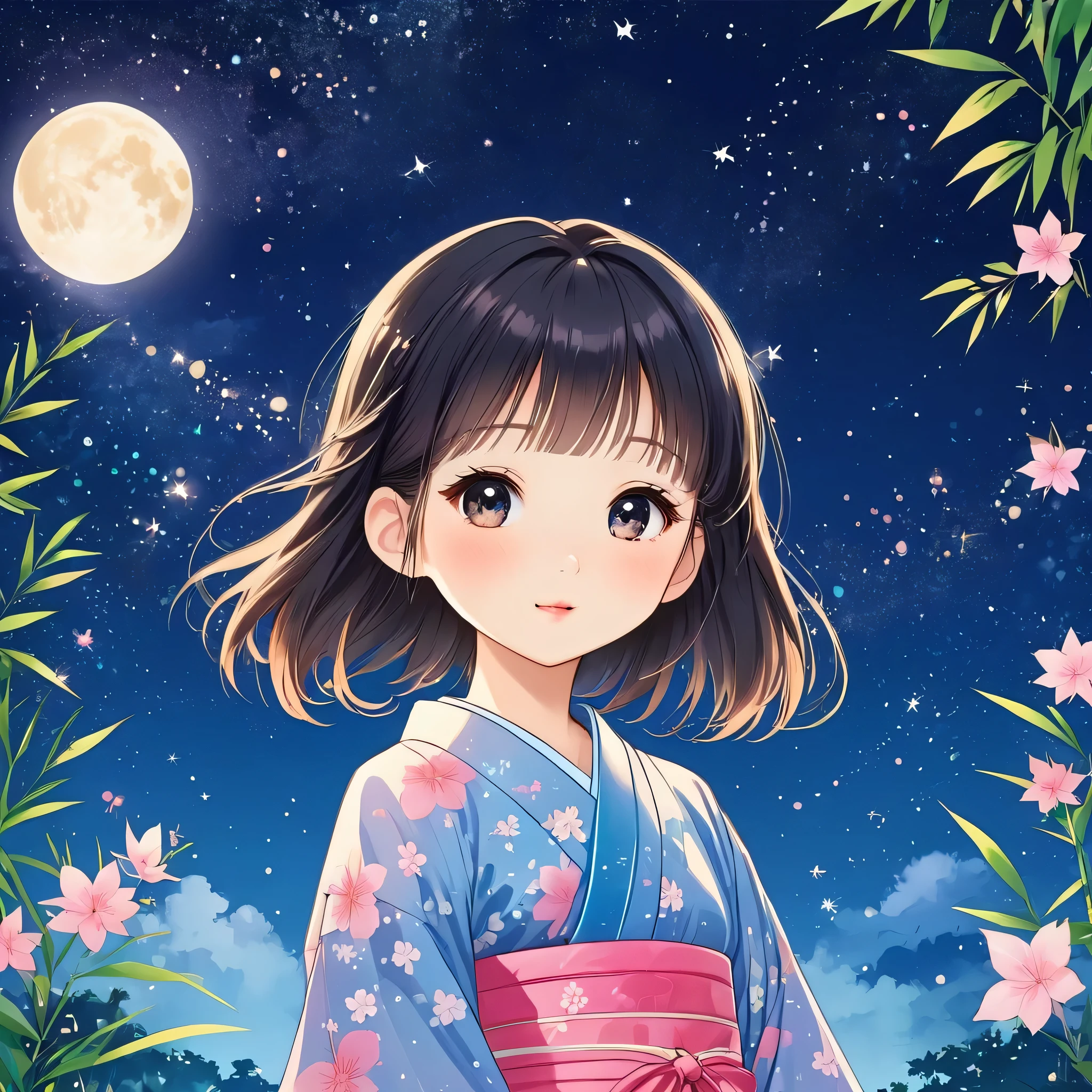 Momoko Sakura style, Simple Line Initialism,Abstract art,Kawaii Design, The most beautiful girl of all time、chibi, Summer night sky background , Bamboo, Tanabata Festival