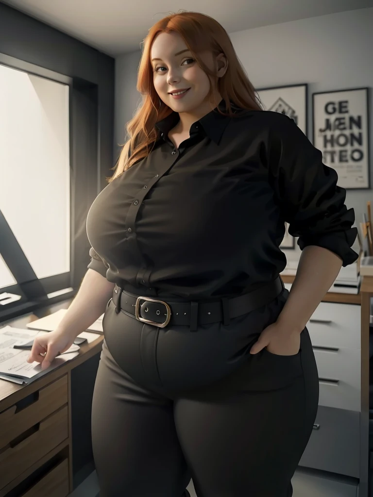 An happy and excited photo of a Beautiful ginger architect , with long wavy light Brownish-ginger hair, with big soft fat belly, thicc fat arms, thicc wide legs, big bren black pants, long black shirt tucked in her pants, black belt and black blouse in her new modern architect office with a lot of building models and house blueprints