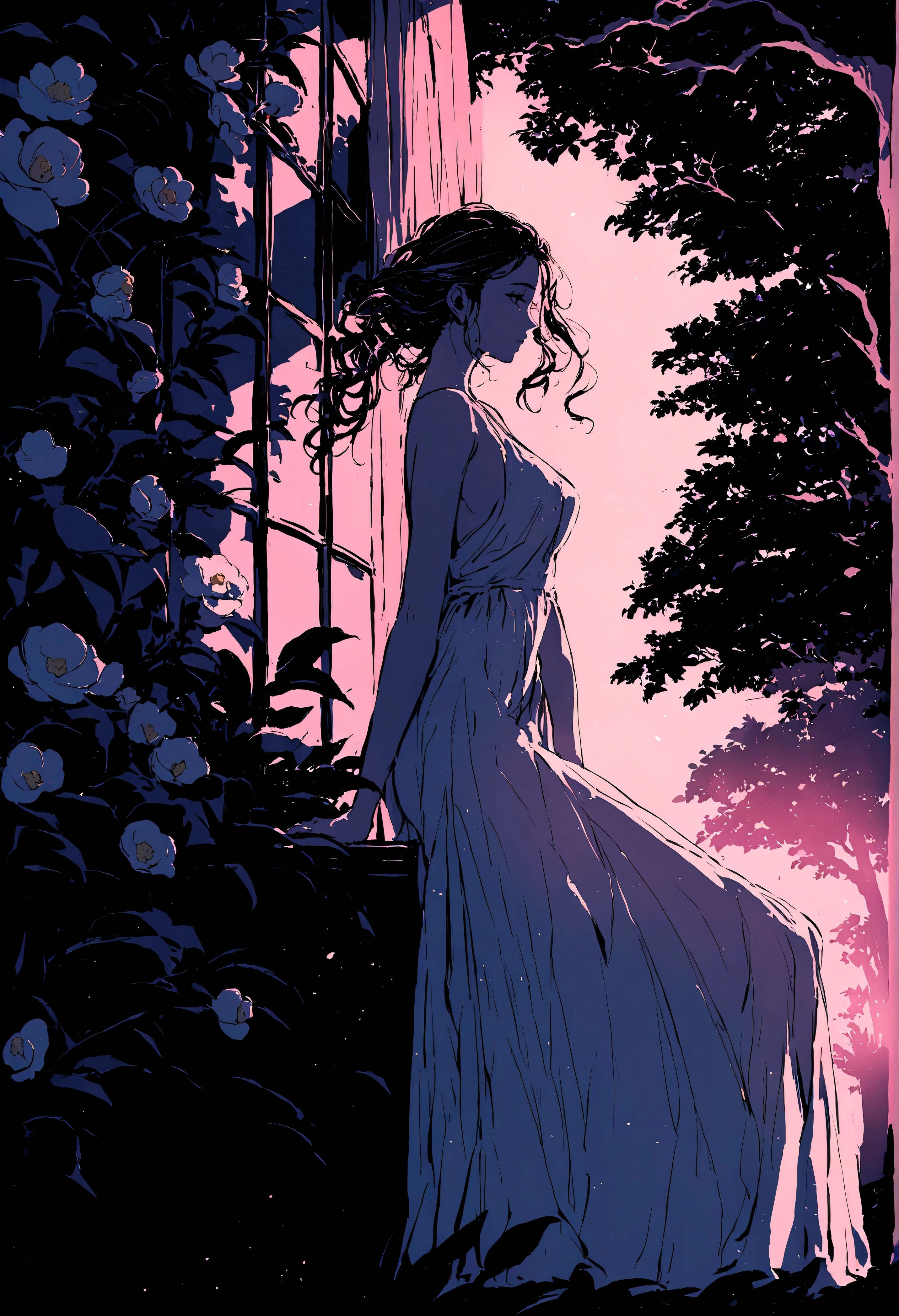 night,Street Lights,((White Camellia)),windowsill,Illustration style,Beautiful women,evening dress,A gentle breeze blows through the strands of hair,Tree Shadows