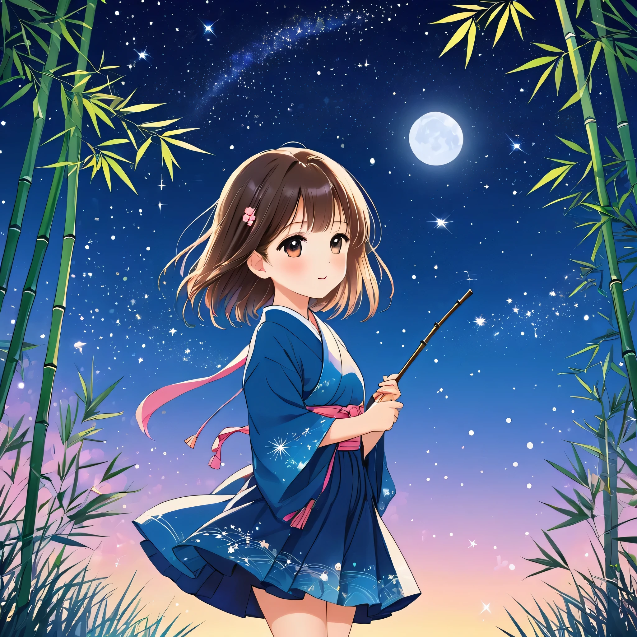 Momoko Sakura style, Simple Line Initialism,Abstract art,Kawaii Design, The most beautiful girl of all time、chibi, Summer night sky background , Bamboo, Tanabata Festival