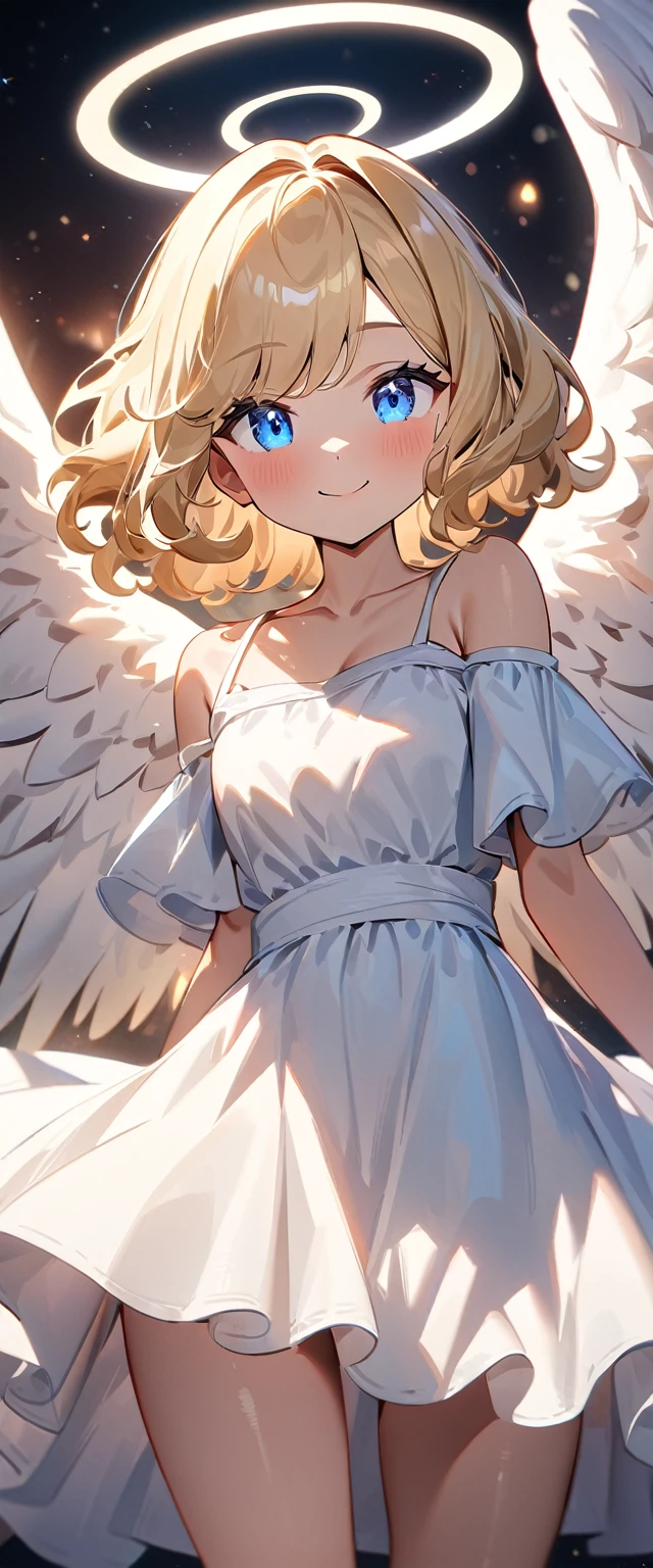 (((One girl))), (((cowboy shot))), ((flying)), ((angel, big big white wings:1.2, halo:1.3)), Uriel, greek mythology white costume, bare legs, ((wavy hair, outward curled hair)), evening, Sunset, ((blond hair, bob cut:1.3)), breasts, standard body, (looking at viewer), oversized clothes, collarbone, head tilt:1.3, (((blue eye))), ((happy smile)), (((anime style))), (best quality, 4K, 8K, highres, masterpiece:1.2, ultra-detailed, ultra-detailed eyes, HDR, uhd, studio lighting, ultra-fine painting, sharp focus, physically-based rendering, extreme detail description, professional, vivid colors, bokeh), ((Highest quality, Best image quality, Ultra-high resolution, Ultra-high resolution, solo, Strong eye highlights)), Depth of written boundary, Natural soft light, attractive, Beautiful Face, Cleanliness, Pure Face, medium chest, Beautiful Face, Perfect Fingers, Perfect hands, Perfect body, Perfect Face, Shine a light into your eyes, Perfect Anatomy