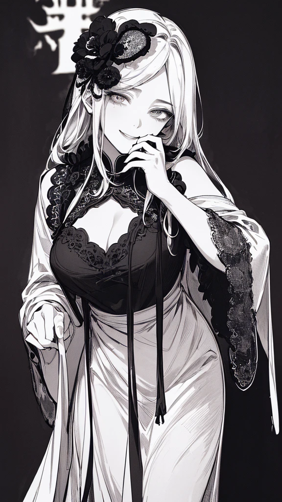 Highest quality, (Background details), High Contrast, Very beautiful woman, Detailed original illustrations、functional、Priest、White Robe、Si Jiaoguan、Delicate face、Charm、Villainess、sexy、Real breasts、Crazy Smile, Crazy Eyes, Black background, (Black background: 1.5), Beautiful line art、Monochrome