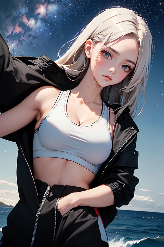 (masterpiece:1.5, Highest quality, Very detailed、 Dutch Angle、Realistic、2.5D、Realistic)(One Girl, alone)(Silver Hair:1.6,,Straight Long Hair)(Sports Bra、Jacket:1.5)、((medium breasts, Beautiful cleavage,underboob))(from diagonally forward),(Beautiful starry sky、Mystical Night、Particles of light float around the woman、Fantastic space、Ocean)