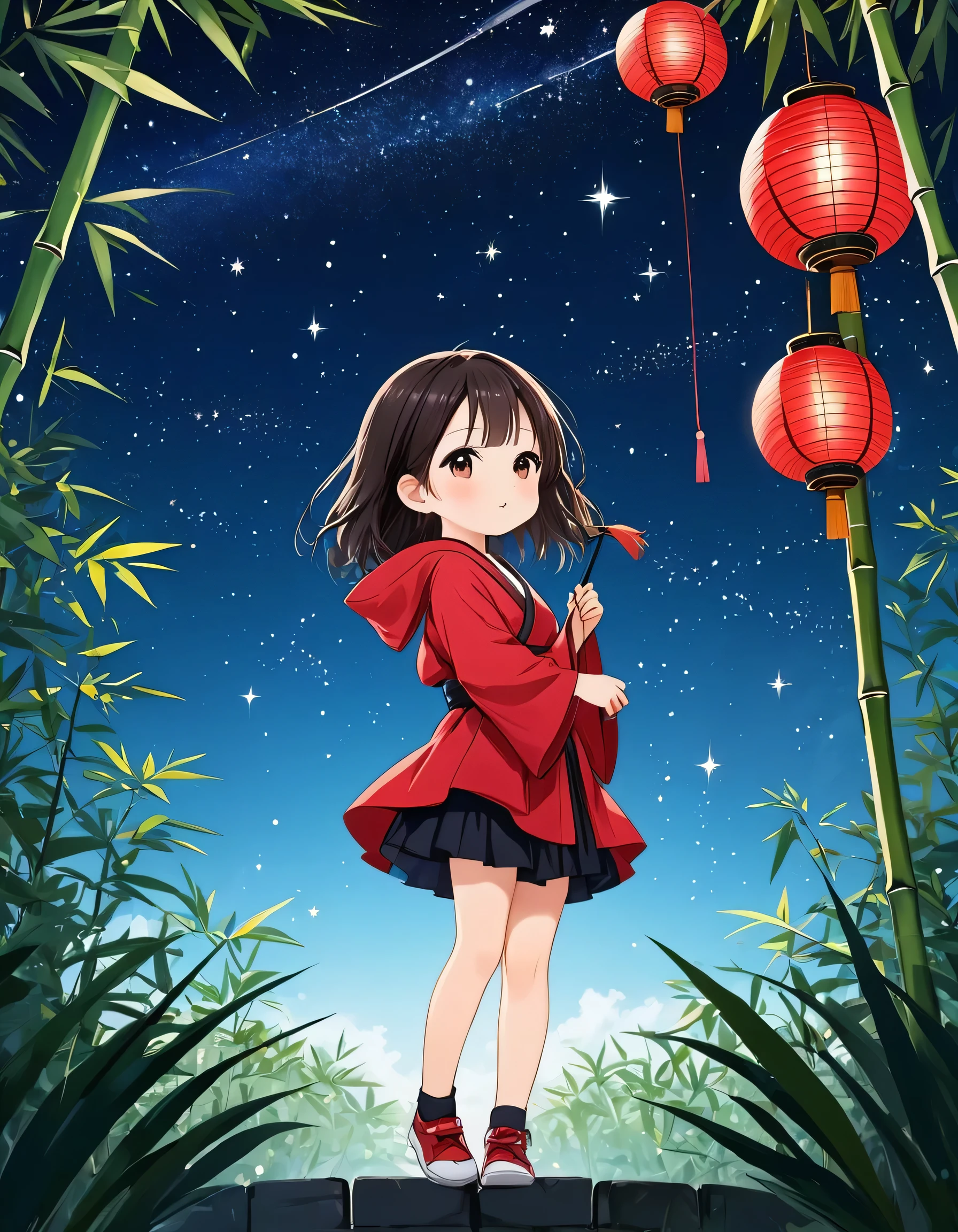 Black Star Red and White style, Simple Line Initialism,Abstract art,Kawaii Design, The most beautiful girl of all time、chibi, Summer night sky background , Bamboo, Tanabata Festival