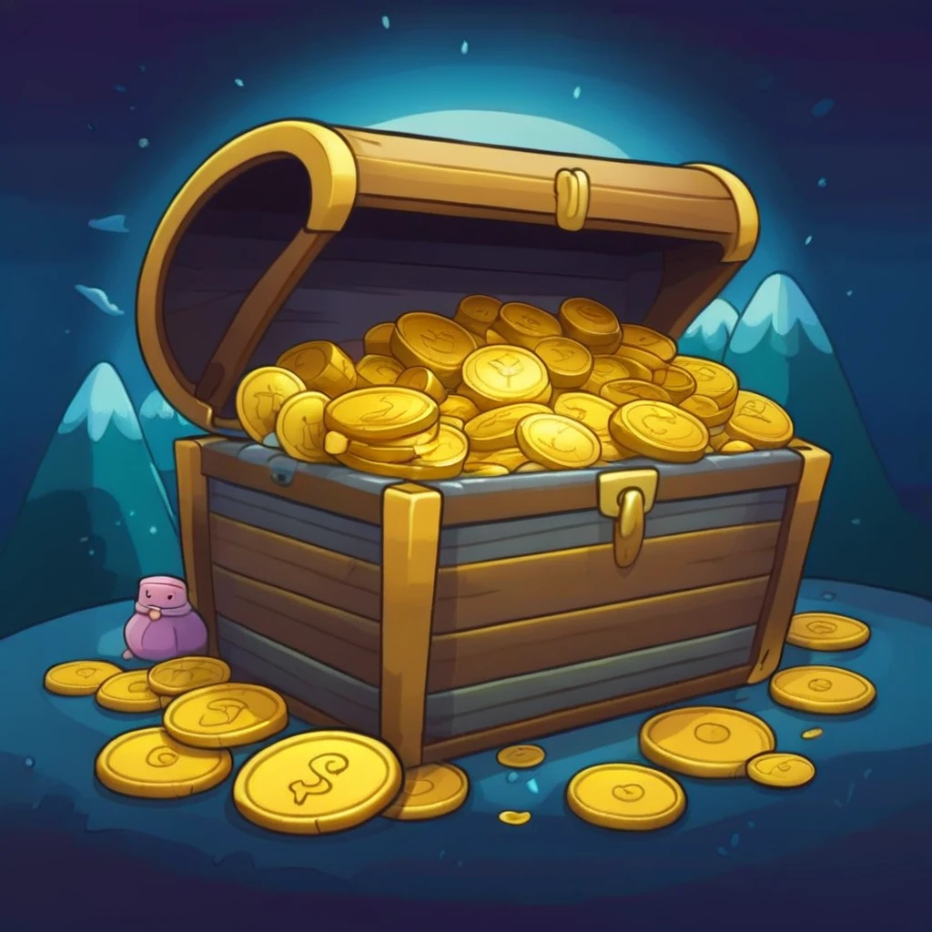 golden chest , mobile game art, banner, detailed game art, stylized game art, game illustration, splash screen art, full card design, wallpaper!, extended art, adtime style art, saturated colorful, golden coins, game item