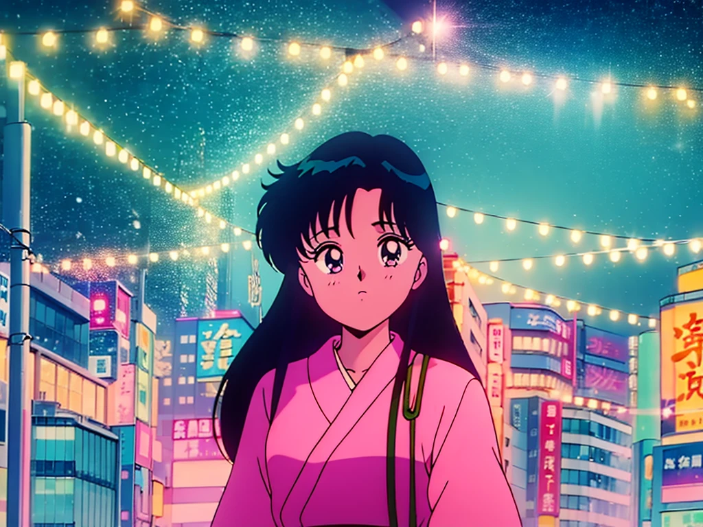 high quality, masterpiece, 最high quality, Anime Screen Capture, street, night, Shadow, deep Shadow, Blue light, neon Blue light, Bokeh, Bokeh effect, Tokyo, 80&#39;s, 80&#39;s Tokyo night, One girl, smile, 80&#39;s clothing, Shoulder pads Colorful suit, Attractive pose, Dark blue hair, 80&#39;s asian neon movie still, movie based on 1982 Tokyo, (Perfect Anatomy, Beautifully detailed face, Beautiful attention to detail, Beautiful detailed hair, Beautiful detail body)), Thick outline, Beautiful contours, Black outline
