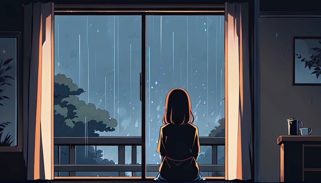 A scene of a girl sitting by the window, holding a hot drink while watching the rain outside, the contrast between the warm atmosphere inside the room and the rain outside is beautiful, Japanese anime style