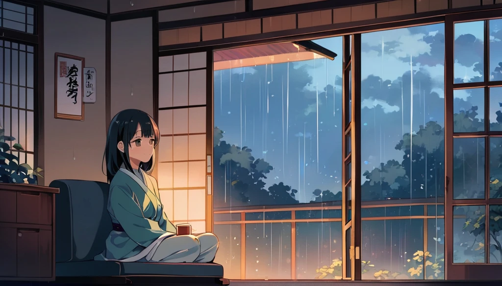A scene of a girl sitting by the window, holding a hot drink while watching the rain outside, the contrast between the warm atmosphere inside the room and the rain outside is beautiful, Japanese anime style