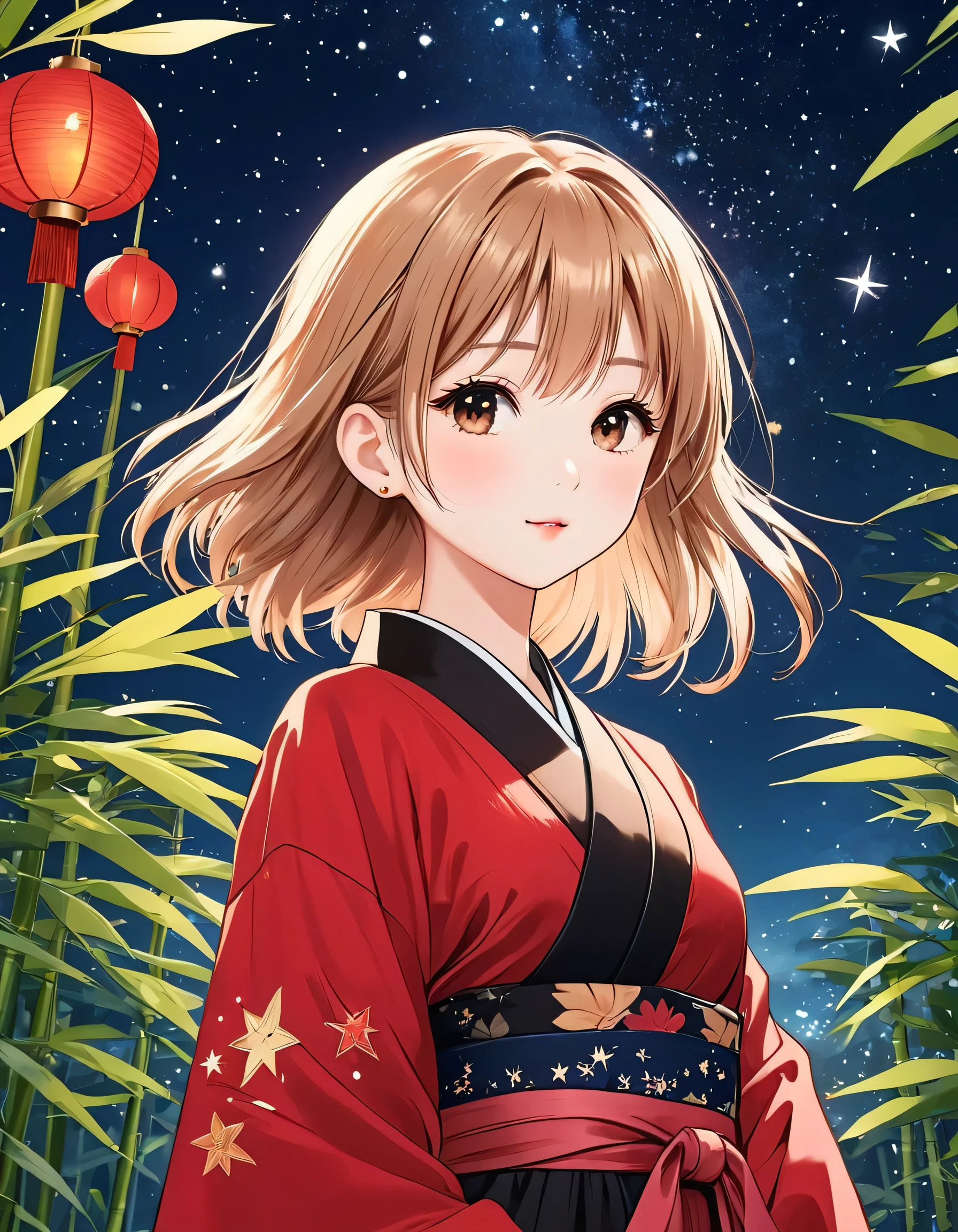 Black Star Red and White style, Simple Line Initialism，Abstract art，Kawaii Design, The most beautiful girl of all time、chibi, Summer night sky background , Bamboo, Tanabata Festival