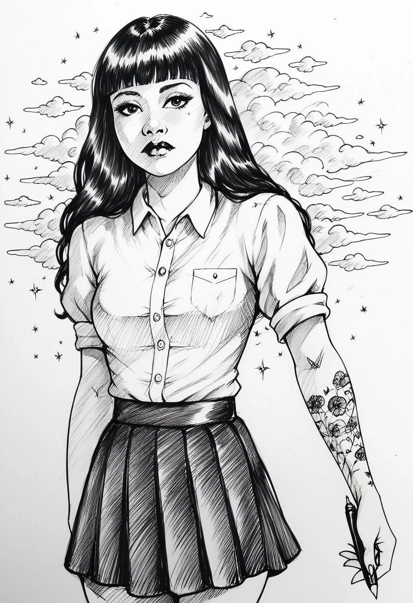 score_9, score_8_up, score_7_up, score_6_up, score_5_up, score_4_up, BREAK sketch, (Pencil_Sketch:1.2, messy lines, greyscale, traditional media, sketch), unfinished, hatching (texture), monochrome, sp1t, detailed background, detailed background, Asian, white shirt, black skirt, rolled up sleeves, sunny, lovely, hime cut hair, curious face, black lips, black eyes, tattoos