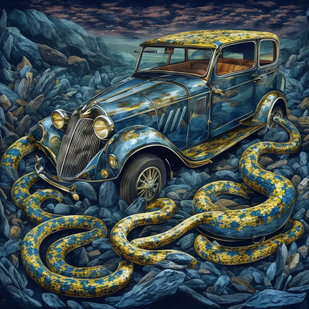 A highly detailed digital art illustration of a car, rendered in the style of an oil painting, with a dark pearly chromatic blue and light brown color palette, 32k ultra high definition resolution, featuring a snake, vibrant and exaggerated nature scenes, and a hard painted border