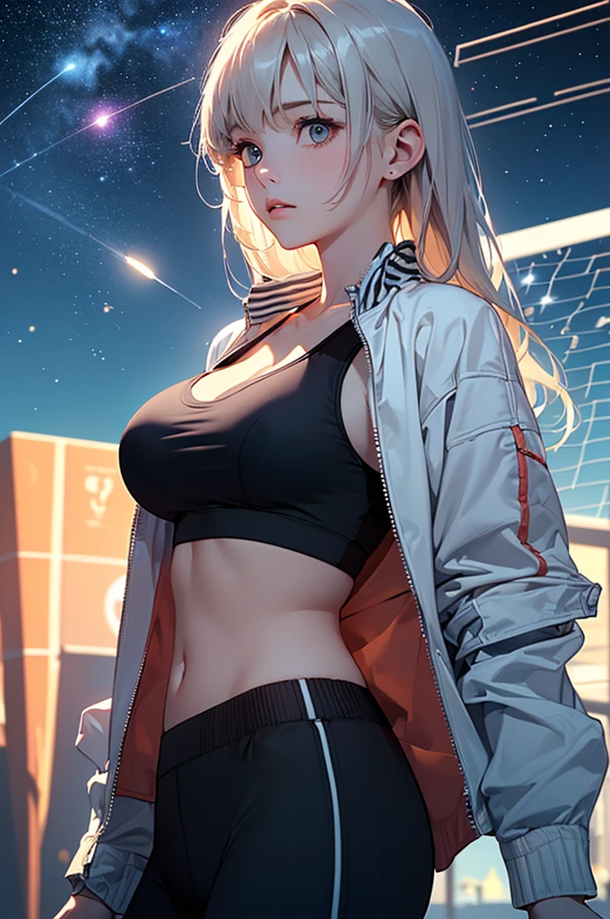 (masterpiece:1.5, Highest quality, Very detailed、 Dutch Angle、Realistic)(One Girl, alone)(Silver Hair:1.6,,Straight Long Hair)(Sports Bra、Jacket:1.5)、((medium breasts, Beautiful cleavage,underboob))(from diagonally forward),(Beautiful starry sky、Mystical Night、Particles of light float around the woman、Fantastic space、Ocean)