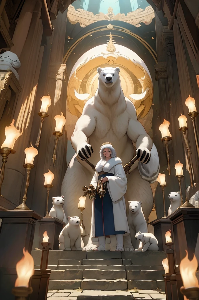 (masterpiece, highest quality), low angle view cinematic, inside a large old temple inside a cave is a giant 8 feet tall polar bear, the group of villagers holding torches look at the bear