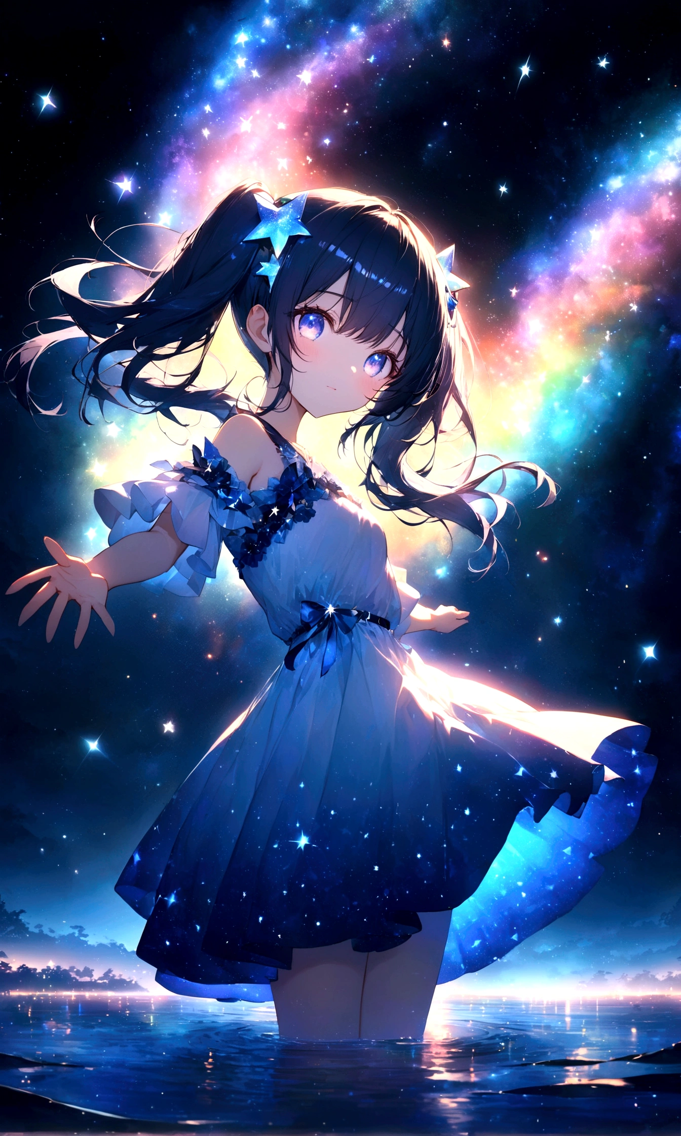 anime gile portrait,kawaii,fantastic style,one beautiful girl with starry eyes, upper body , 14-year-old girl, with midnight blue hair, twin tails with star-shaped hair accessories, crystal blue eyes, wearing a light blue dress with star patterns, standing on a star floating in the river with arms outstretched for balance, background of a night sky filled with stars and their reflections in the river, shooting star crossing the sky, serene riverside at night with stars floating and light shimmering , Fantastic light shimmering, twinkling star effect , surrounded by stars,eyes sparkling like stars,best quality,ultra detailed,ultra high definition,high resolution,16k,ultra vibrant,natural light,starlight,soft light,Glowing Aura,the surroundings are shining,Mysterious, fantastic, super-detailed universe, stars twinkling and twinkling. Star Effects.