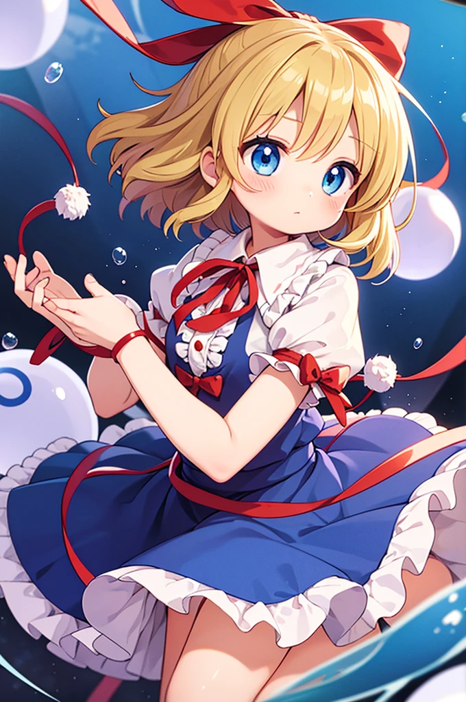 1girl, medicine melancholy (touhou), blue eyes, wavy hair, short hair, blonde hair, puffy short sleeves, frilled shirt collar, frilled sleeves, frilled shirt, bubble skirt, red bow, red ribbon, doll, ball joint,