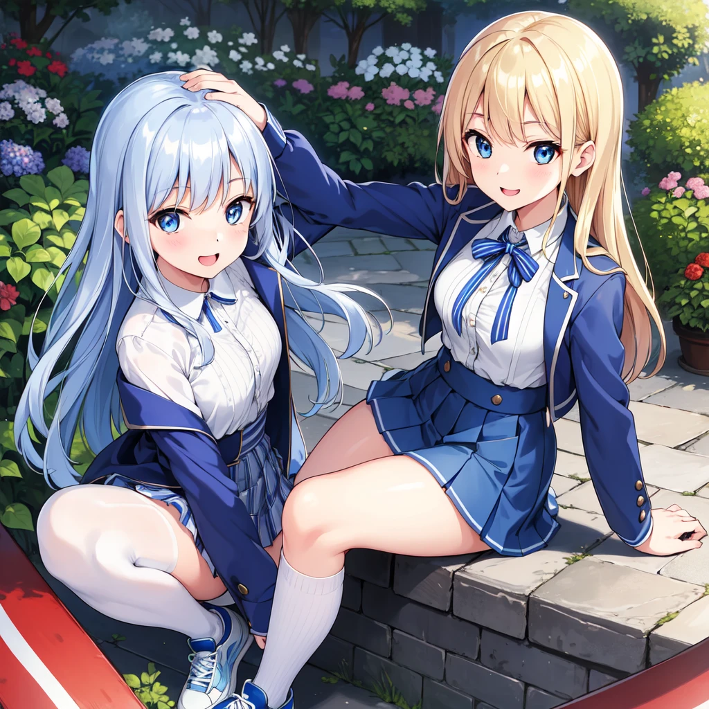 (masterpiece, Highest quality, Super detailed, beautiful detailed shiny blue eyes),Karen Kujo,Union Jack Jacket, Striped ribbon, White shirt, Long sleeve, Pleated skirt, Blue Skirt, Knee-high, sneakers,garden,Active Pause,Elevation,An angelic smile,;d