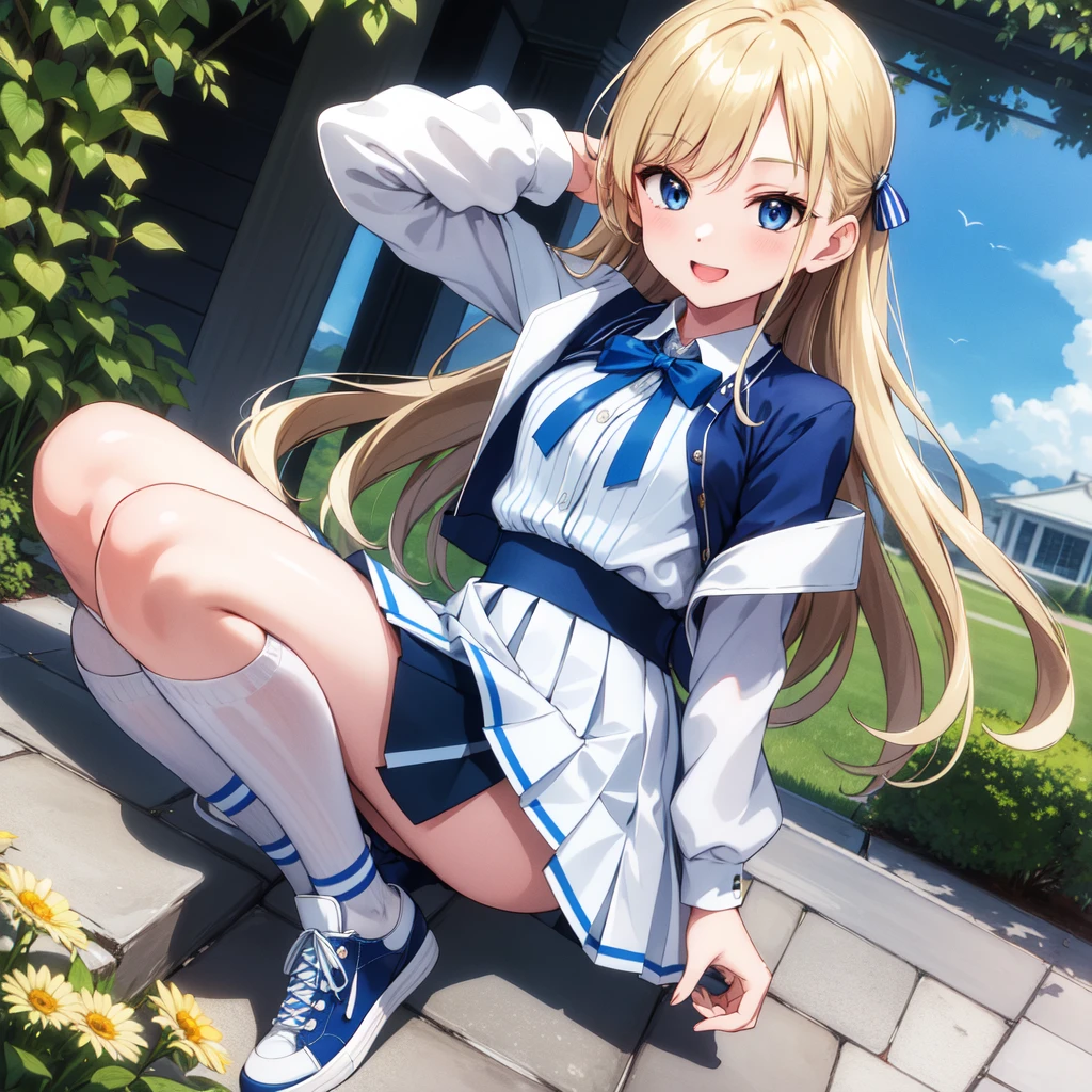 (masterpiece, Highest quality, Super detailed, beautiful detailed shiny blue eyes),Karen Kujo,Union Jack Jacket, Striped ribbon, White shirt, Long sleeve, Pleated skirt, Blue Skirt, Knee-high, sneakers,garden,Active Pause,Elevation,An angelic smile,;d