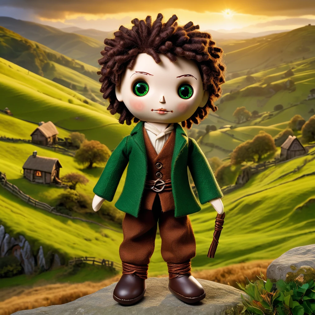 (knitted toy voodoo doll:1.7), (Voodoo Frodo Baggins:1.3), (Clothing: hobbit attire with a green cloak and brown trousers:1.0), (Accessories: enchanted One Ring emitting a golden glow, floating elvish runes:1.1), (background: picturesque Shire landscape with rolling hills, cozy hobbit holes, and a serene atmosphere:1.2), best quality, masterpiece, detailed soft oil painting, detailed background, dramatic cinematic lighting, soft edge lighting, professional, dramatic lighting, hard edge lighting, ultra quality, 4k,masterpiece, best quality, 8k, ultra highres, highres, extremely detailed