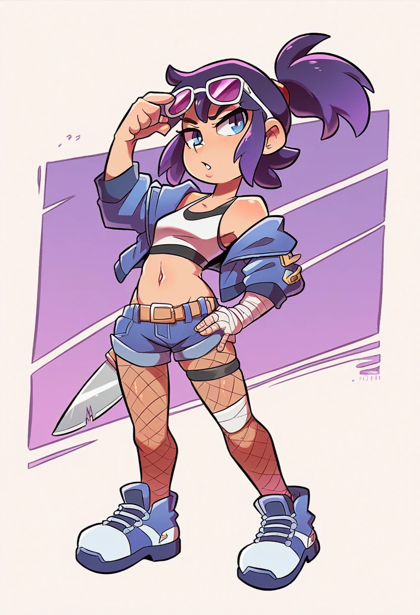 young girl, who wears a short jacket and a crop top, covering her upper body, exposing the navel. She also wears black buttonless shorts with a decorative piece of black and purple fabric, which hangs from the back, and also a white belt, with a gaming console attached to his hip. She has purple sunglasses on her head, , which she ties her hair into a loose ponytail. She also wears a pair of black ones, white and blue shoes, and also a knife, attached to her right leg, and short fishnets on the left calf. Besides, she has blue bandages on her left knee and lower back.
