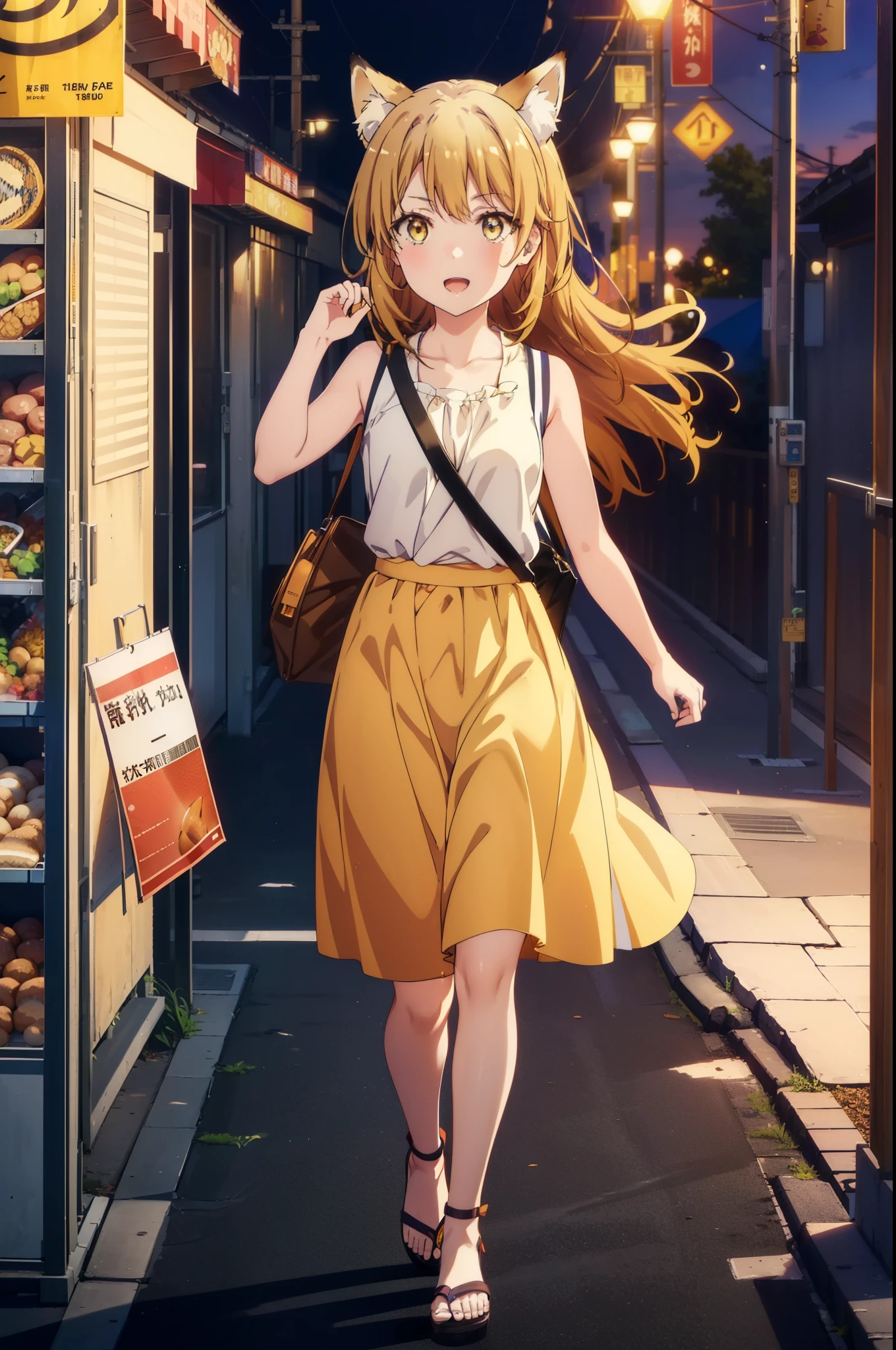 Irohaisshiki, isshiki iroha,Long Hair, Brown Hair, (Brown eyes:1.5), happy smile, smile, Open your mouth,animal(Fox Ears,Fox tail),Yellow sleeveless dress,Yellow long skirt,Cute Sandals,Carry bag,background(ferry),My hair is blowing in the wind,Holding her hair with her right hand,whole bodyがイラストに入るように,Are standing,
break outdoors, port,
break looking at viewer,whole body,
break (masterpiece:1.2), Highest quality, High resolution, unity 8k wallpaper, (shape:0.8), (Beautiful and beautiful eyes:1.6), Highly detailed face, Perfect lighting, Highly detailed CG, (Perfect hands, Perfect Anatomy),