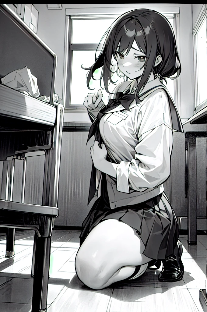 Long black haired girl、20age、clear、White luxurious lace long slip、In underwear、Being raped、A man is touching my crotch、、Standing posture、classroom、Shyness、Crying face、resistance、fear
