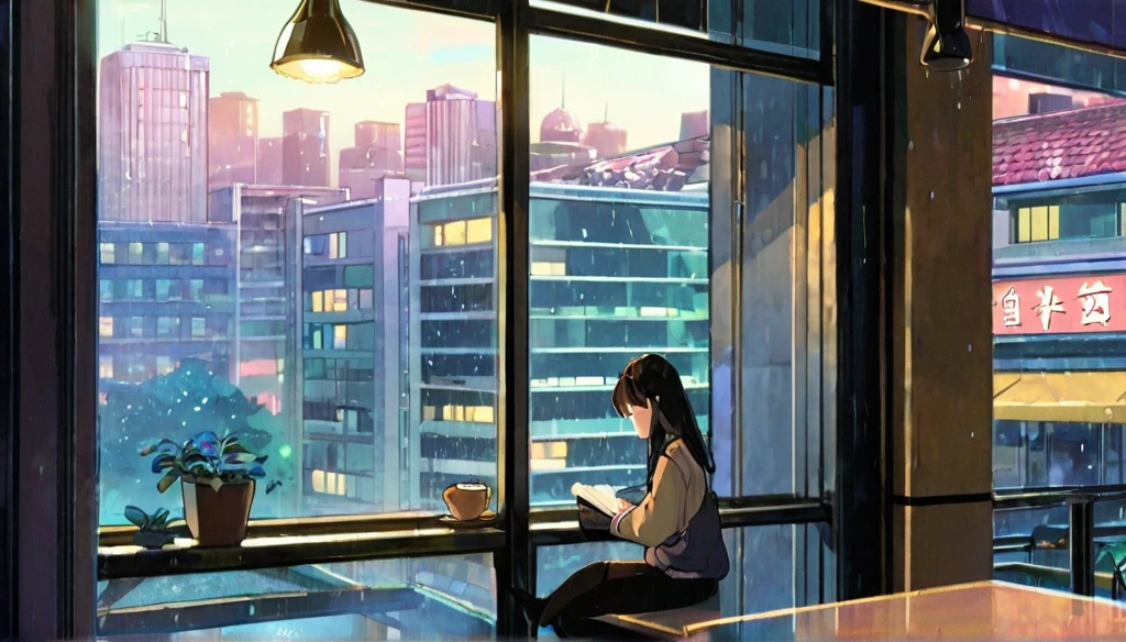 An illustration of a girl studying in an anime-style urban cafe. She sits by the window, concentrating on reading a book while feeling the hustle and bustle of the city outside. Her expression is focused, but also reflects a certain loneliness. The interior of the cafe is cozy, with a coffee cup and a book on the table. Outside the window, it is raining. You can see the city lights and distant buildings. This scene expresses the diverse emotions and tranquility of city life.