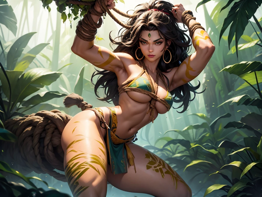 jungle woman, loin cloth, thick thighs, body paint, armpit, savage pose, messy hair, wearing ropes, simple clothing