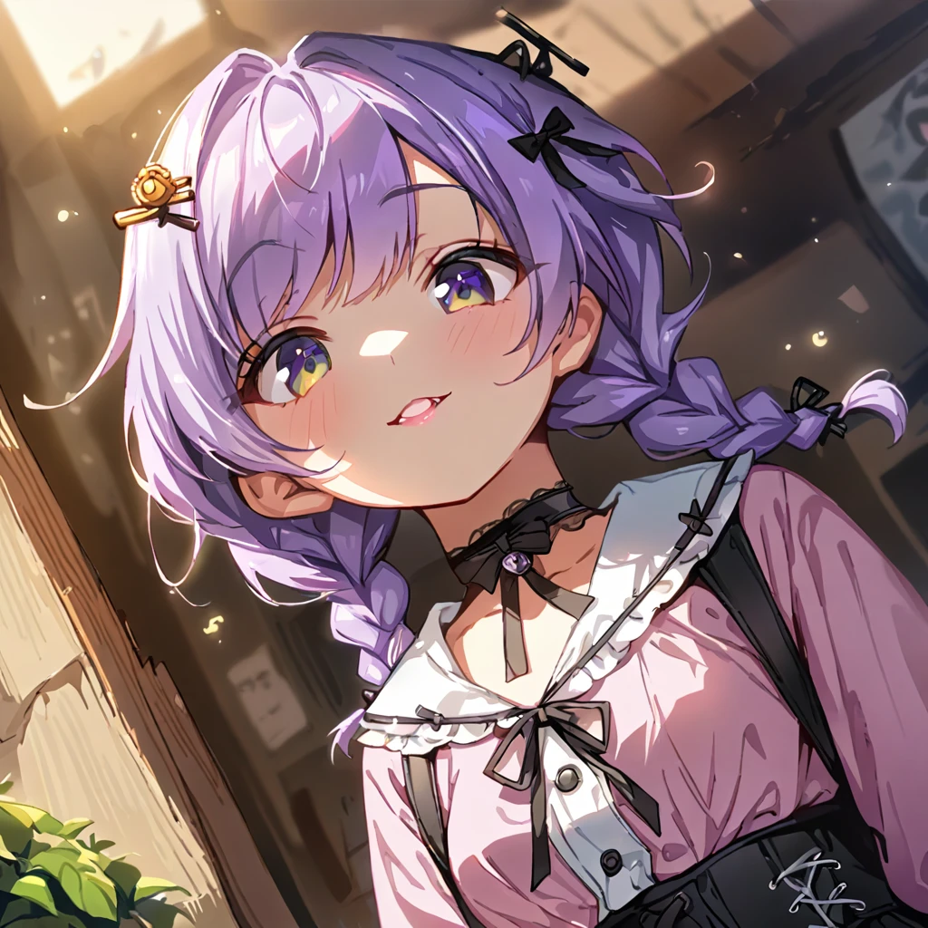 a masterpiece, beautiful eyes, a beautiful face, beautiful depiction, details, ultra detailed, 8K, masterpiece, Angle looking up from below.happy, a girl, kawaii, ,mesugaki, fangs, 
light atmosphere, mysterious atmosphere, (Cute a girl:1.5), (a girl with closs hair pin,pale purple hair,wavy two braids,bluntbangs hair,green and black eyes,
pink shirt,cosplay, jirai kei, bangs, black skirt, black bow, looking at viewer, bow, long sleeves, choker, ribbon,pink lips,Thick-soled boots,portrait  shot :1.4),boots focus,
(masterpiece:1.3), anime visual, (Lovey-dovey:1.5), (tilt head:1.3), extremely delicate face, soft clean focus, realistic lighting and shading, (an extremely delicate and beautiful art:1.3),
