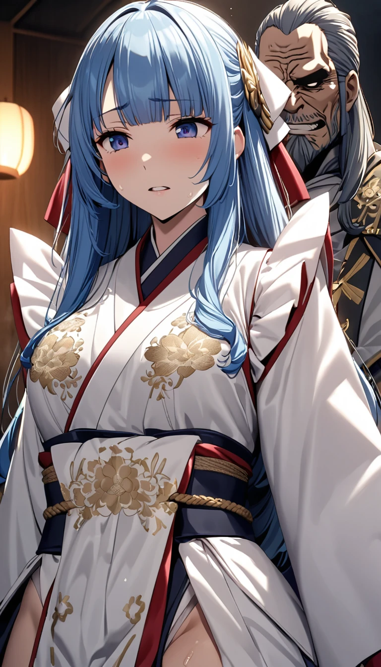A tragic historical drama in 8k live-action style: Beautiful Japanese princess with short blue hair and long sideburns has very intense sex with her old lord Gorgeous embroidery, Ultra glossy, She is wearing a shiny white furisode.