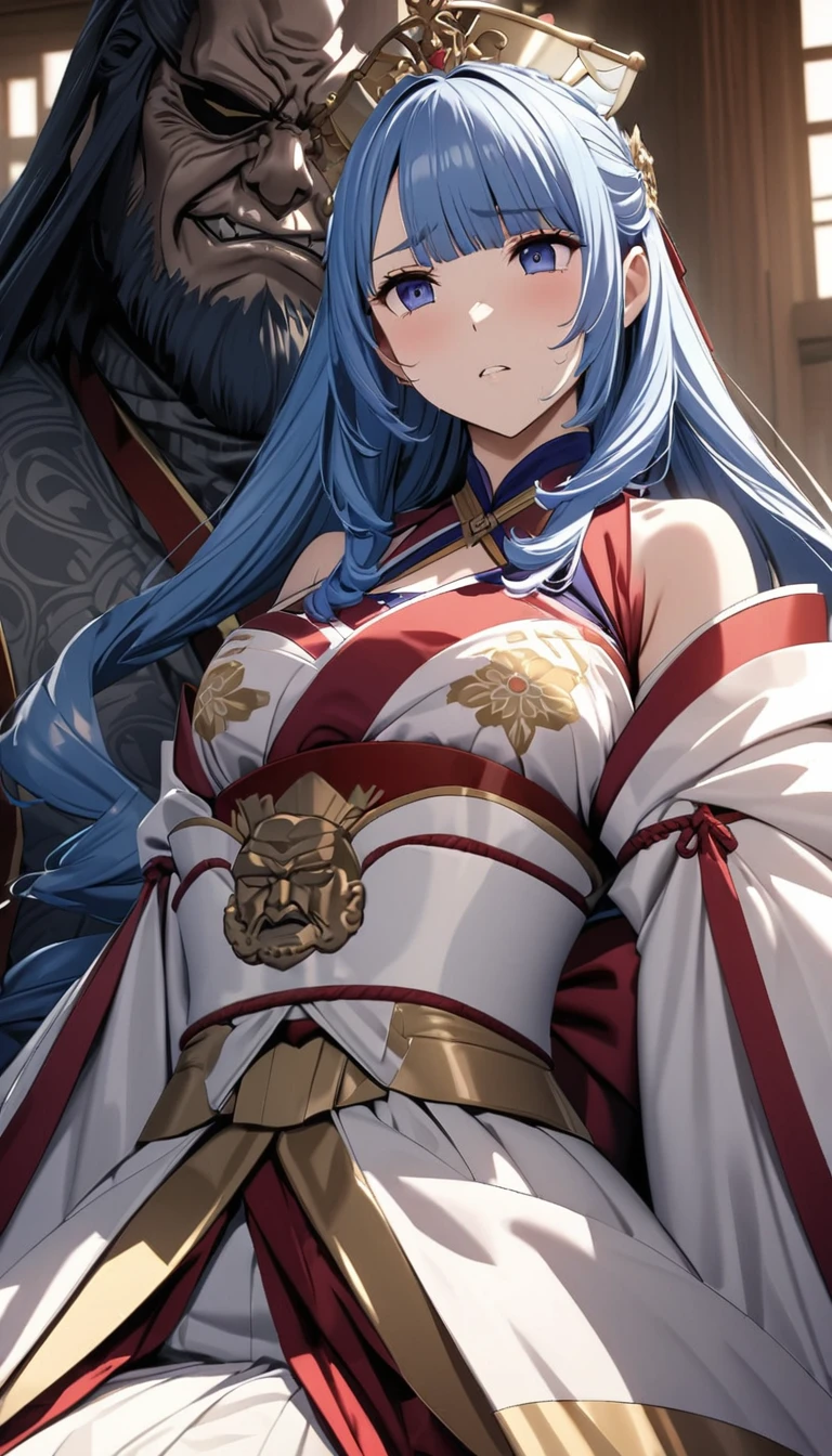 A tragic historical drama in 8k live-action style:         Beautiful Japanese princess with short blue hair and long sideburns has very intense sex with her old lord　Gorgeous embroidery, Ultra glossy, She is wearing a shiny white furisode.