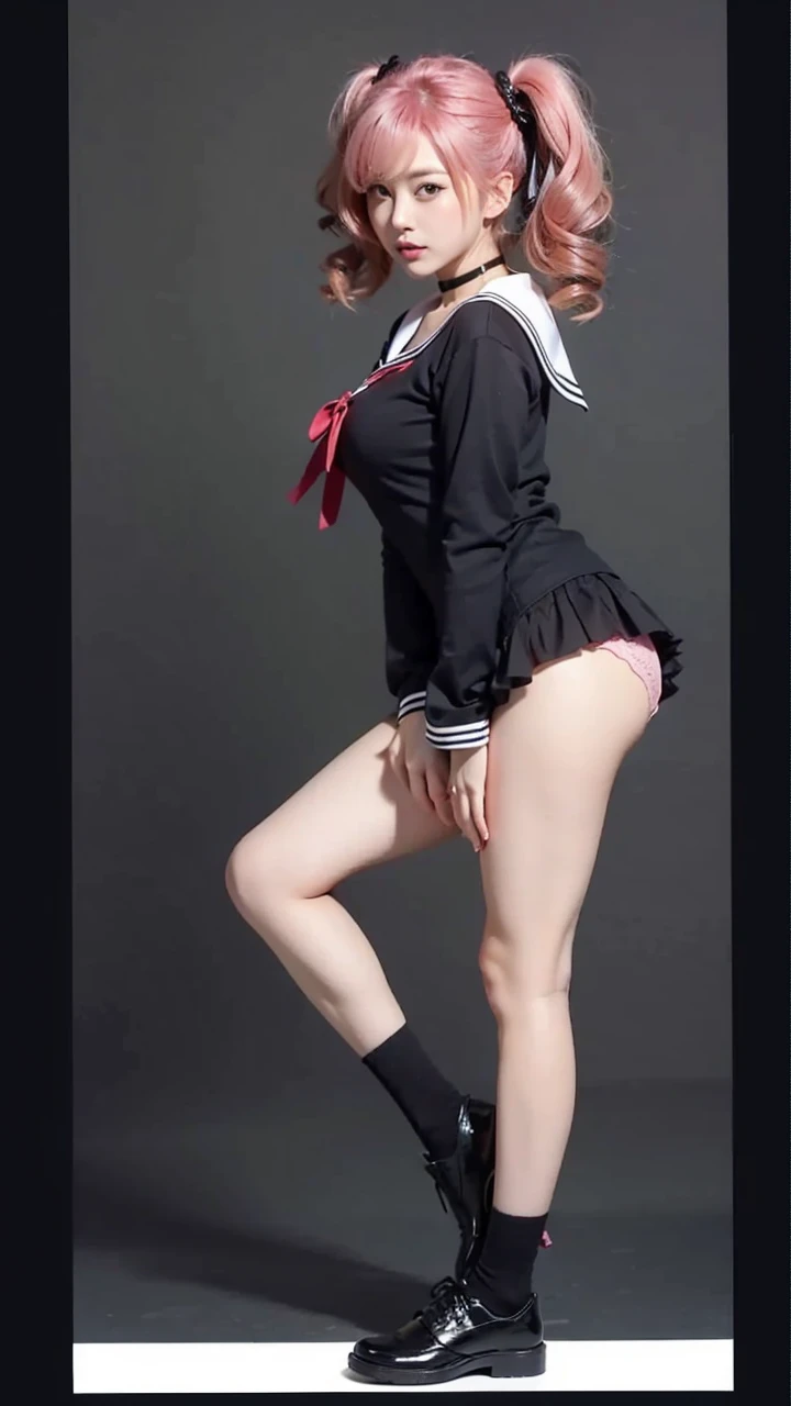 Beautiful Japanese Waifu, early 30s, brunette hair, wearing fantasy sailor’s dress, very short skirt, pink lace knickers, short black socks, black shoe