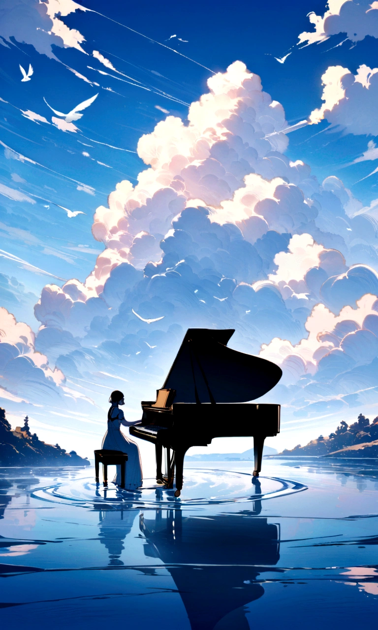 A fantastic scene surrounded by a blue sky and clouds is depicted. There is a black piano in the center of the screen, a man playing the piano and a woman standing next to it. There are white birds flying in the background, creating a dreamlike atmosphere overall. The water surface spreads out on the ground, making it very beautiful like a mirror.