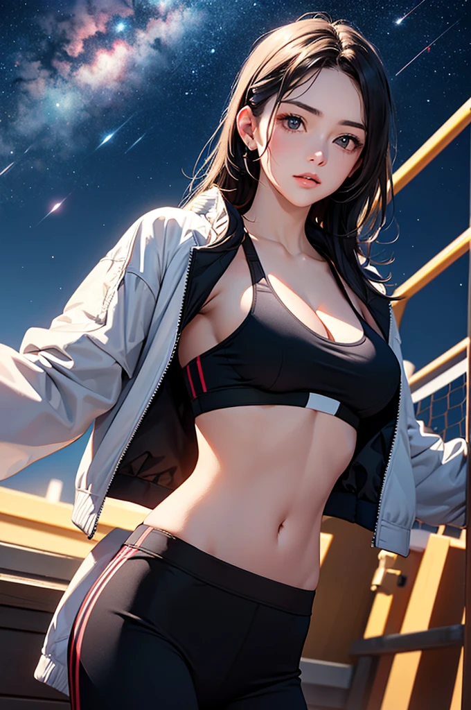 (masterpiece:1.5, Highest quality, Very detailed、 Dutch Angle、Realistic、2.5D、Realistic)(One Girl, alone)(Silver Hair:1.6,,Straight Long Hair)(Sports Bra、Jacket:1.5)、((medium breasts, Beautiful cleavage,underboob))(from diagonally forward),(Beautiful starry sky、Mystical Night、Particles of light float around the woman、Fantastic space、Ocean)
