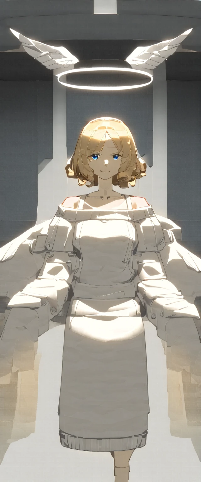 (((One girl))), (((cowboy shot))), ((flying)), ((angel, big big white wings:1.2, halo:1.3)), Uriel, ((wavy hair, outward curled hair)), evening, Sunset, ((blond hair, bob cut:1.3)), breasts, teenager, (looking at viewer), oversized clothes, puffy long sleeves, collarbone, ((off-shoulder sweater dress:1.3, Quite thick shoulder straps)), (((sleeves past wrists:1.3))), ((white sweater dress)), collarbone, head tilt:1.3, (((blue eye))), ((happy smile)), (((anime style))), (best quality, 4K, 8K, highres, masterpiece:1.2, ultra-detailed, ultra-detailed eyes, HDR, uhd, studio lighting, ultra-fine painting, sharp focus, physically-based rendering, extreme detail description, professional, vivid colors, bokeh), ((Highest quality, Best image quality, Ultra-high resolution, Ultra-high resolution, solo, Strong eye highlights)), Depth of written boundary, Natural soft light, attractive, Beautiful Face, Cleanliness, Pure Face, medium chest, Beautiful Face, Perfect Fingers, Perfect hands, Perfect body, Perfect Face, Shine a light into your eyes, Perfect Anatomy