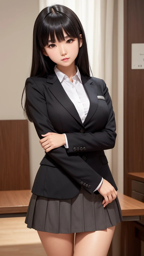 ((Tabletop)), (Detailed face), (highlight), Asian Girl、Large Breasts、thigh、Black Hair、Heavy bangs、high school girl、skirt、blazer、Support your chest with your arms、Gazing Eyes、