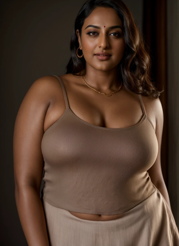 Looks like Sonakshi Sinha, a photo portrait of a beautiful girl 40 years old, mommy figure, fleshy figure, with curls, styled black hair, (face portrait:1.5), dramatic light, Rembrandt lighting scheme, bust shot, linen tank top , top quality editorial photograph, skin texture, skin pores, chocolate skin, high quality skin, top quality photography, professional photography, professional retouching, insane detailing, warm moody tones, pink night dress, highly detailed armpits,