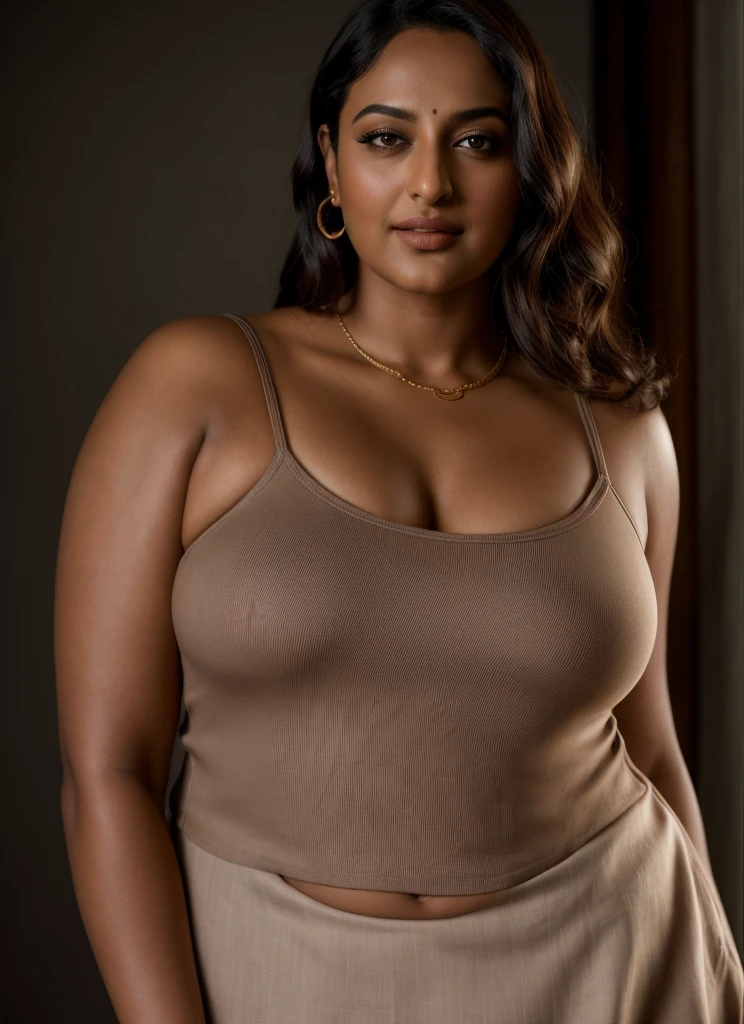 Looks like Sonakshi Sinha, a photo portrait of a beautiful girl 40 years old, mommy figure, fleshy figure, with curls, styled black hair, (face portrait:1.5), dramatic light, Rembrandt lighting scheme, bust shot, linen tank top , top quality editorial photograph, skin texture, skin pores, chocolate skin, high quality skin, top quality photography, professional photography, professional retouching, insane detailing, warm moody tones, pink night dress, highly detailed armpits,
