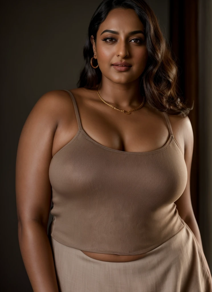 Looks like Sonakshi Sinha, a photo portrait of a beautiful girl 40 years old, mommy figure, fleshy figure, with curls, styled black hair, (face portrait:1.5), dramatic light, Rembrandt lighting scheme, bust shot, linen tank top , top quality editorial photograph, skin texture, skin pores, chocolate skin, high quality skin, top quality photography, professional photography, professional retouching, insane detailing, warm moody tones, pink night dress, highly detailed armpits,