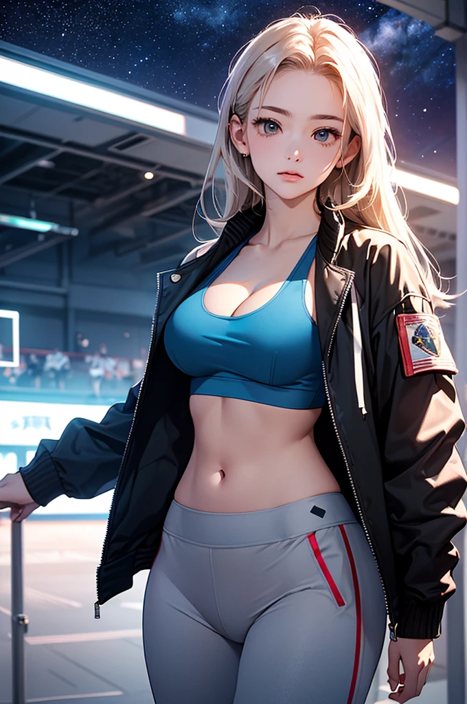 (masterpiece:1.5, Highest quality, Very detailed、 Dutch Angle、Realistic、2.5D、Realistic)(One Girl, alone)(Silver Hair:1.6,,Straight Long Hair)(Sports Bra、Jacket:1.5)、((medium breasts, Beautiful cleavage,underboob))(from diagonally forward),(Beautiful starry sky、Mystical Night、Particles of light float around the woman、Fantastic space、Ocean)
