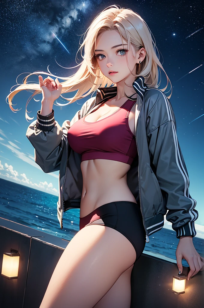 (masterpiece:1.5, Highest quality, Very detailed、 Dutch Angle、Realistic、2.5D、Realistic)(One Girl, alone)(Silver Hair:1.6,,Straight Long Hair)(Sports Bra、Jacket:1.5)、((medium breasts, Beautiful cleavage,underboob))(from diagonally forward),(Beautiful starry sky、Mystical Night、Particles of light float around the woman、Fantastic space、Ocean)