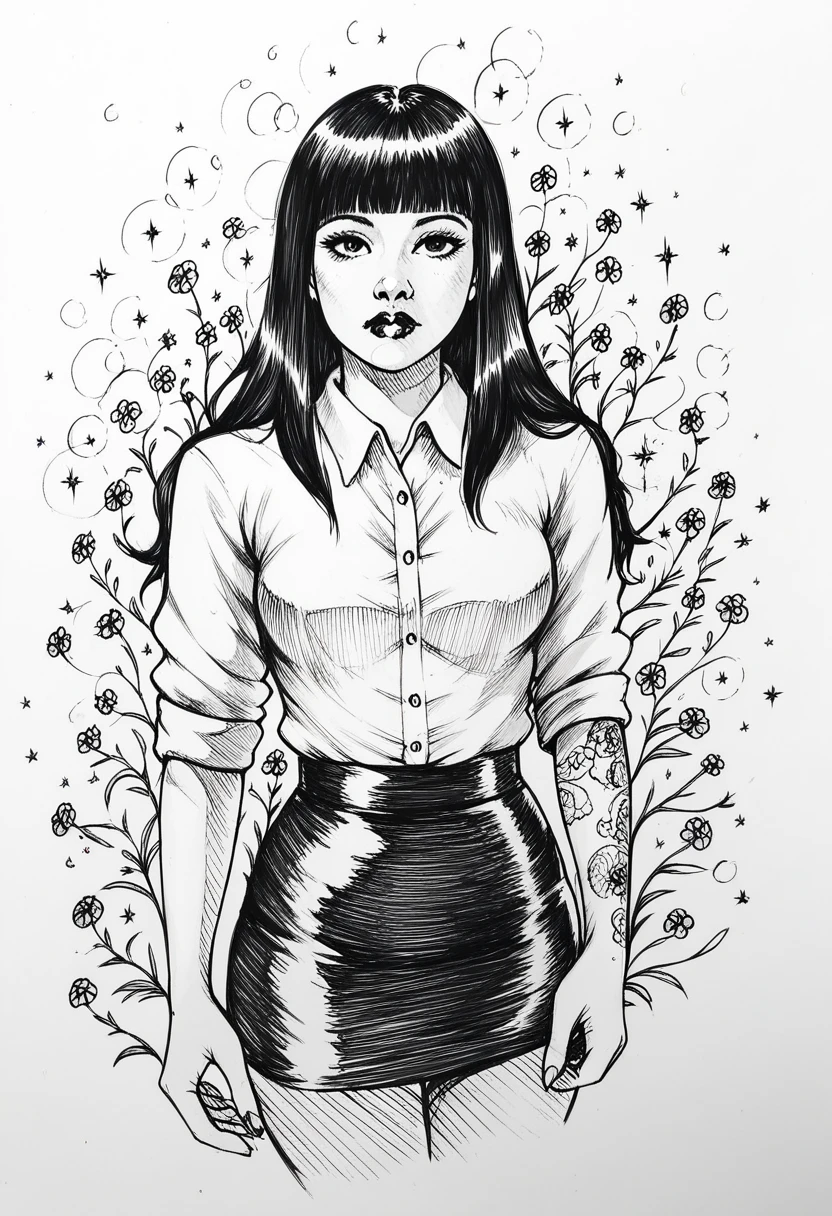 score_9, score_8_up, score_7_up, score_6_up, score_5_up, score_4_up, BREAK sketch, (Pencil_Sketch:1.2, messy lines, greyscale, traditional media, sketch), unfinished, hatching (texture), monochrome, sp1t, detailed background, detailed background, Asian, white shirt, black skirt, rolled up sleeves, sunny, lovely, hime cut hair, curious face, black lips, black eyes, tattoos