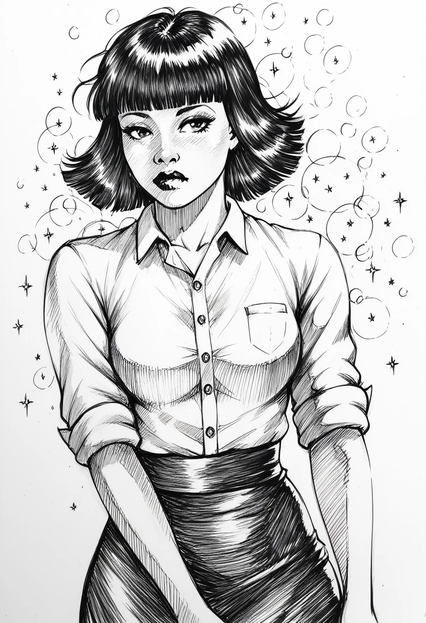 score_9, score_8_up, score_7_up, score_6_up, score_5_up, score_4_up, BREAK sketch, (Pencil_Sketch:1.2, messy lines, greyscale, traditional media, sketch), unfinished, hatching (texture), monochrome, sp1t, detailed background, detailed background, Asian, white shirt, black skirt, rolled up sleeves, sunny, lovely, hime cut hair, curious face, black lips, black eyes, tattoos