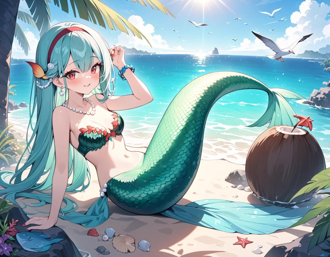 (best quality,4k,8k,highres,masterpiece:1.2),ultra-detailed,teenage girl gets magically transformed into a cute mermaid, fantasy transformation,red-eyed,beautiful detailed eyes,spiky long ginger hair,happiness,cute mermaid, long and detailed mermaid tail with shimmering green scales, seashell bra,pair of fish gills on her torso, red and black ribbon headband, starfish hair clips, pearl hair ornaments, pearl earrings and bracelets, pearl necklace, red manicured nails, eye-catching accessories,beautifully detailed lips, sitting on a rock, sandy beach, new beautiful body,she’s smiling,embracing her new life has a mermaid, brushing her hair, ocean waves,sparkling water,coconut trees,seagulls,coral reef,vibrant colors,magical glow,shimmering scales,sea breeze,warm sunlight,joyful expression,island paradise,lush tropical plants,dynamic composition,soft and smooth lines,expressive facial features,gentle water reflections,serene atmosphere, Highly detailed, masterpiece, high quality, 4K