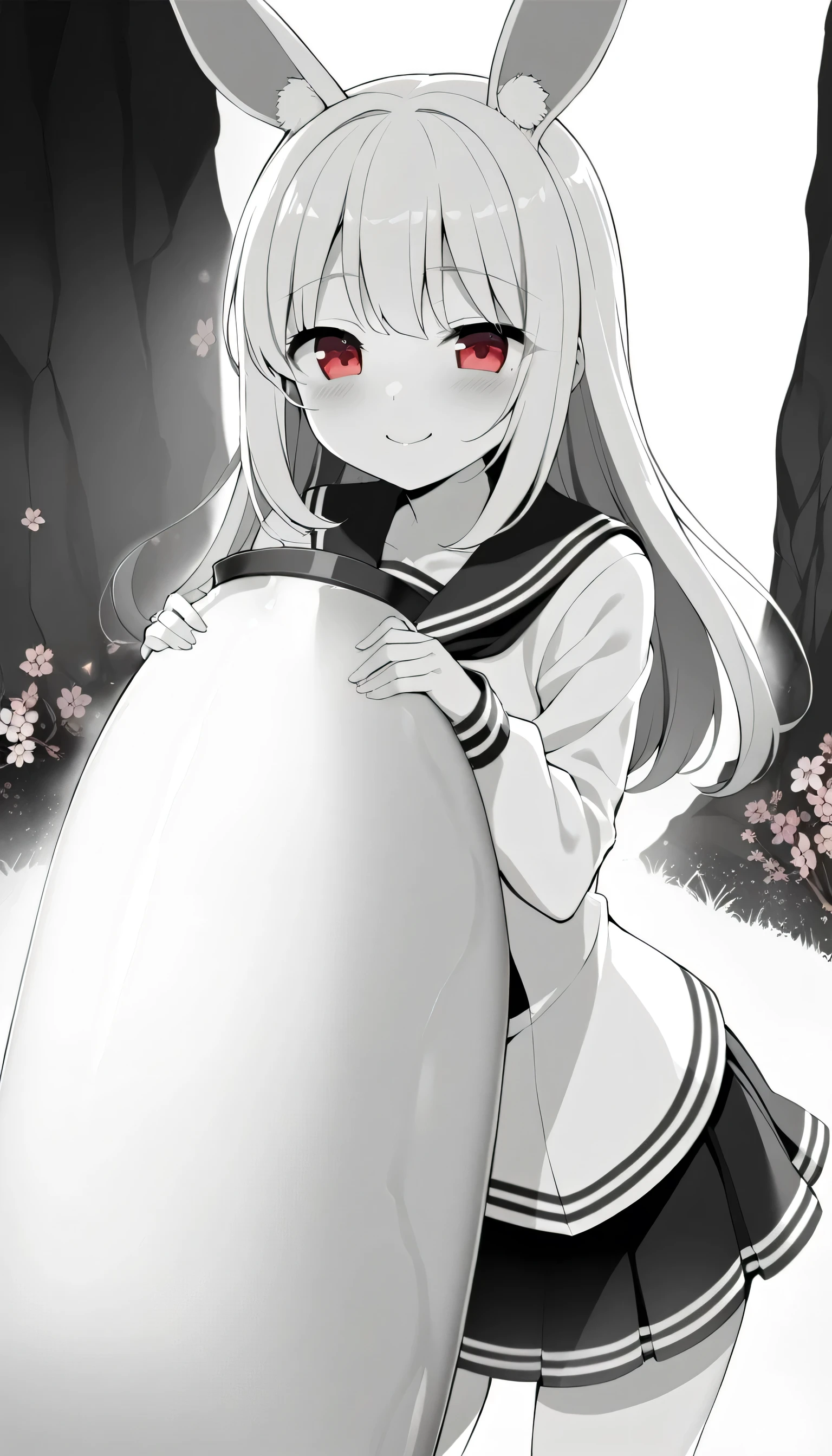 1 Girl, Long Hair, Straight, Pink Hair, Pink Rabbit Ear, Animal Ear Hair, Red Eyes, Another World, Cherry Blossoms , Portrait , High Contrast , Official Art , Smiling , Happy , Best Quality , High Resolution , Beautiful Hair Detail . Masterpiece Picture, smile, shy face, slightly red cheeks, skirt, underwear only, erotic, giant milk, uniform , one person , colorless ,  ,colored , sailor suit
