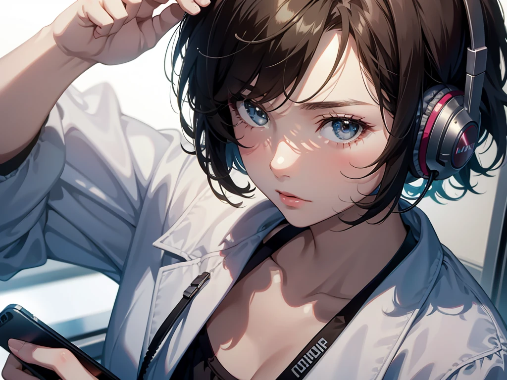 Masterpiece, best quality, 1 girl, short hair, wearing headphones, holding a smartphone and showing the screen towards the viewer, with a dignified expression, wearing a , in a classroom.